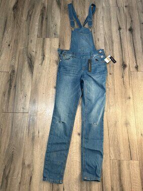 Dollhouse Womens Blue Denim Overalls Distressed Knees Size 3 Adjustable Straps S